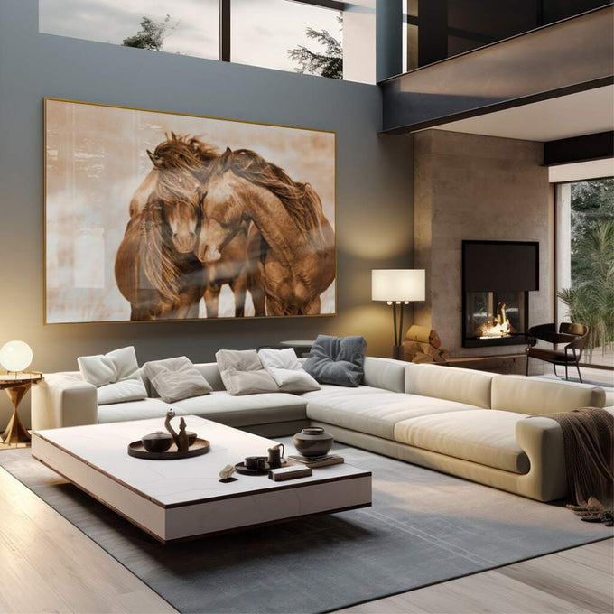 Quadro Decorativo: Abraço Etéreo Equino em Sépia - quadros decorativos 1 Tela, 1 Tela Horizontal - em sala moderna
