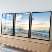 Quadro Decorativo Grande Praia com Gaivotas para Sala Azul - Borda Infinita / 65x40cm cada tela