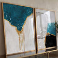 Díptico abstrato com azul petróleo, preto e gotas douradas escorrendo sobre fundo cinza, quadro decorativo