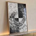 Abstrato preto e branco com círculos concêntricos e quadrantes invertidos com brilhos, quadro decorativo