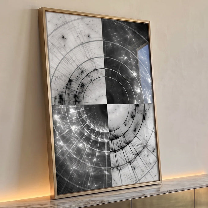 Abstrato preto e branco com círculos concêntricos e quadrantes invertidos com brilhos, quadro decorativo
