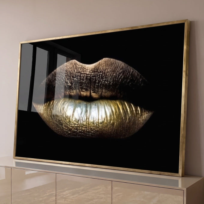 Quadro Decorativo Arte Moderna Lábios Dourados Luxuosos