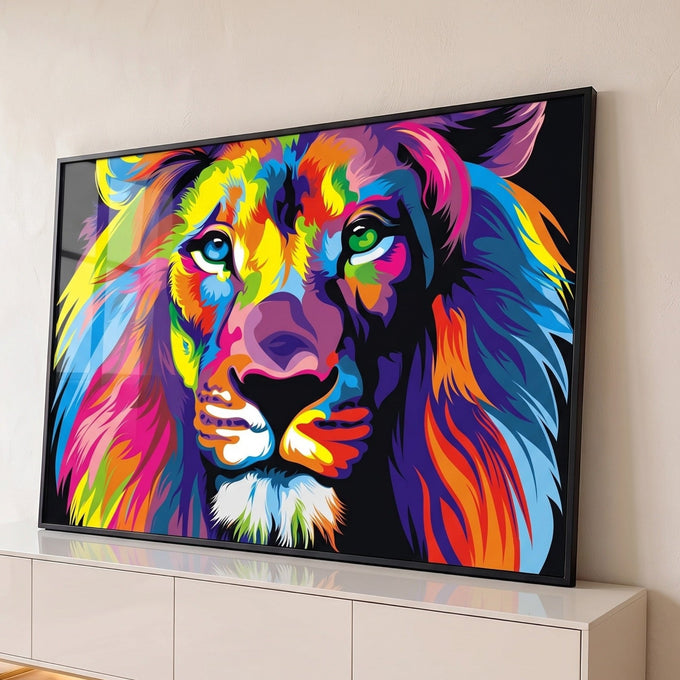 Rosto de leão em pop art multicolorido com olhos azul e verde sobre fundo preto, quadro decorativo