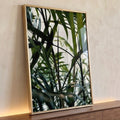 Folhas de palmeira verdes em close contra fundo claro iluminado, fotografia botânica, quadro decorativo