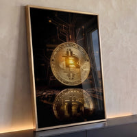Quadro Decorativo Grande Bitcoin Ouro para Escritório Preto - Borda Infinita / 100x65cm