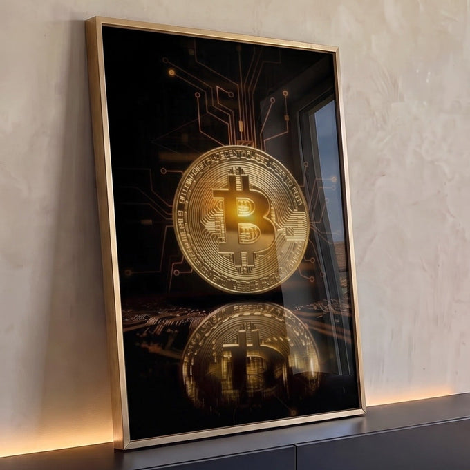 Moeda Bitcoin dourada com reflexo e linhas de circuito digital sobre fundo preto, quadro decorativo