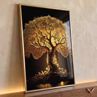 Quadro Decorativo Grande Árvore Iluminada para Sala Dourado - Borda Infinita / 100x65cm