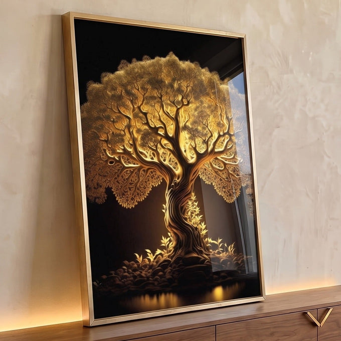 Árvore da vida dourada iluminada com raízes e brotos sobre fundo preto e reflexo na água, quadro decorativo