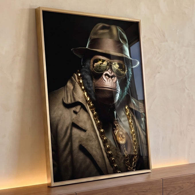Gorila de chapéu, óculos dourados e corrente com bitcoin em fundo preto, quadro decorativo