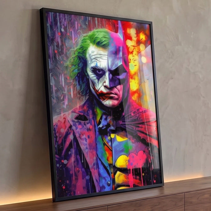 Rosto dividido entre palhaço de cabelo verde e herói morcego em pop art roxo e vermelho, quadro decorativo
