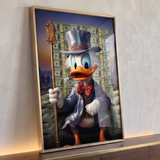 Tio Patinhas de cartola azul com charuto e bengala diante de pilhas de dólares e cidade, quadro decorativo