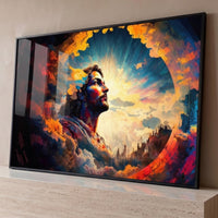 Quadro Decorativo Grande Jesus Olhando Céu para Sala Dourado - Borda Infinita / 65x100cm