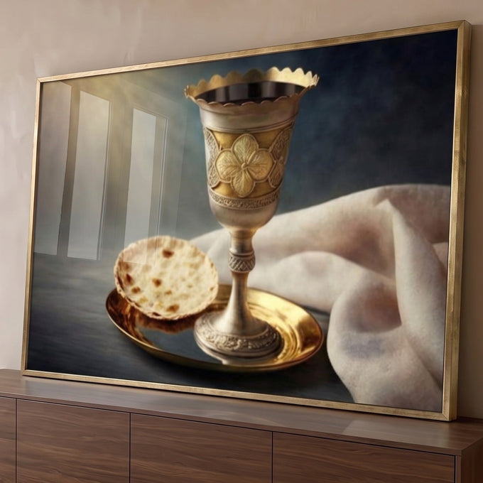 Cálice dourado com vinho, pão ázimo em prato de ouro e toalha branca sob luz divina, quadro decorativo