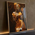 Oxum orixá de vestido dourado, turbante e espelho abebé em fundo marrom escuro, quadro decorativo