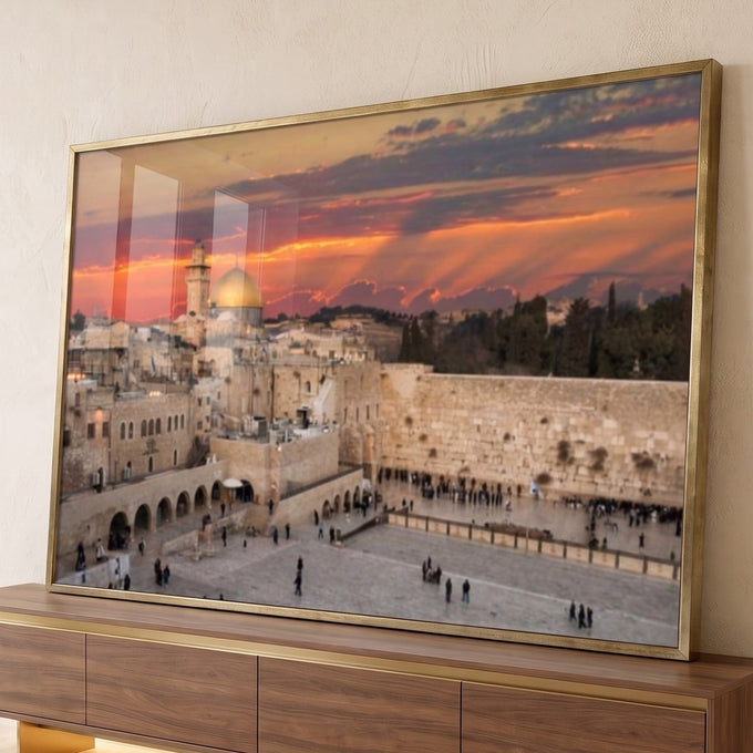 Muro das Lamentações e Domo da Rocha em Jerusalém sob céu alaranjado ao pôr do sol, quadro decorativo