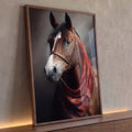 Retrato realista de cavalo baio com cabresto e manta vermelha estampada sobre fundo escuro, quadro decorativo
