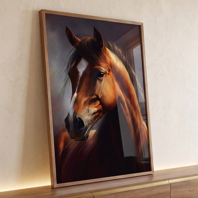 Retrato realista de cavalo alazão com listra branca na face sobre fundo escuro, quadro decorativo