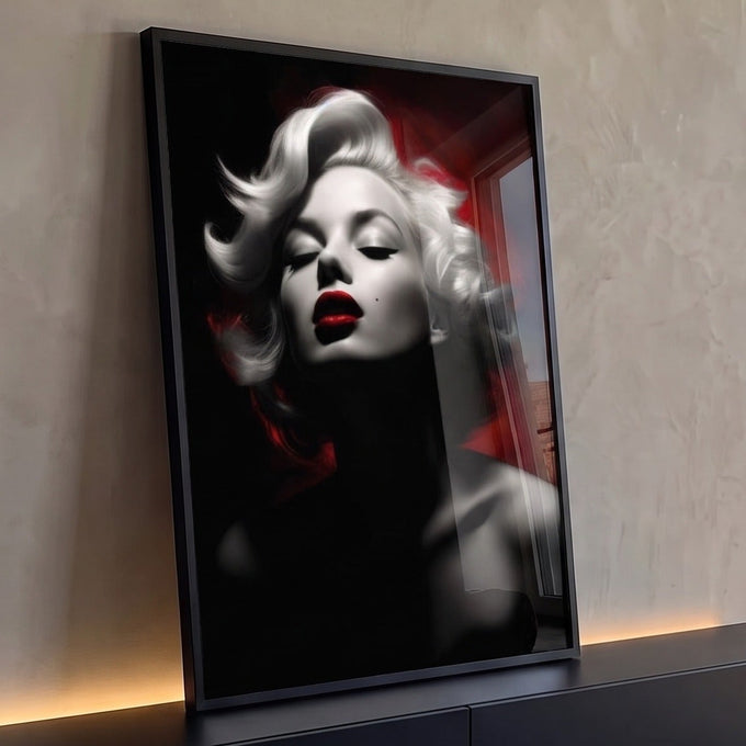 Marilyn Monroe em preto e branco, olhos fechados e batom vermelho sobre fundo escuro, quadro decorativo