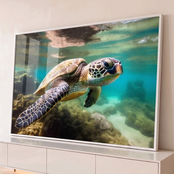 Tartaruga marinha nadando sobre recife de corais em água azul-turquesa cristalina, quadro decorativo
