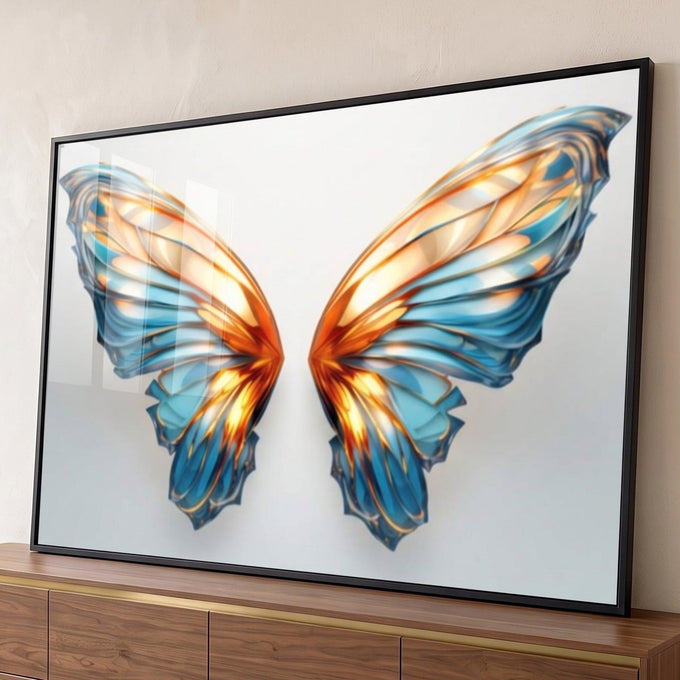 Asas de borboleta em vidro azul e laranja iluminado sobre fundo branco, quadro decorativo