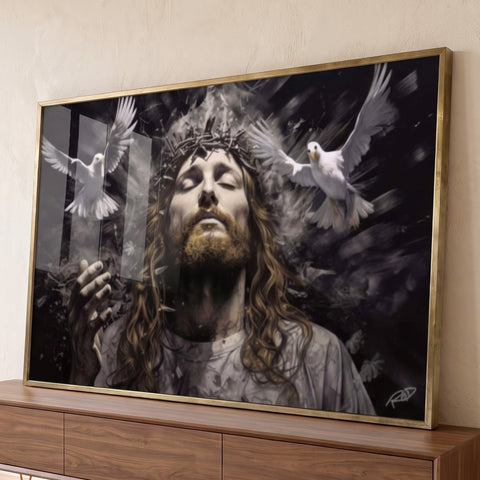 Quadro Decorativo Jesus Elegância e Espiritualidade em Tecido Canvas Dourado