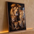 Leão, leoa e três filhotes dourados sobre fundo preto em retrato de família, quadro decorativo