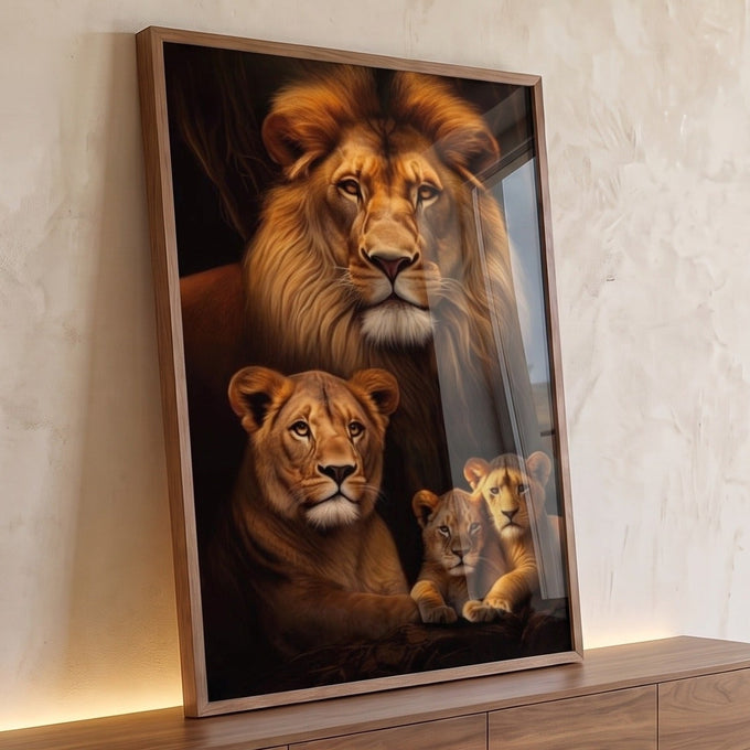 Quadro Decorativo Família de Leão com 2 Filhotes Sofisticação e Estilo para Sua Decoração