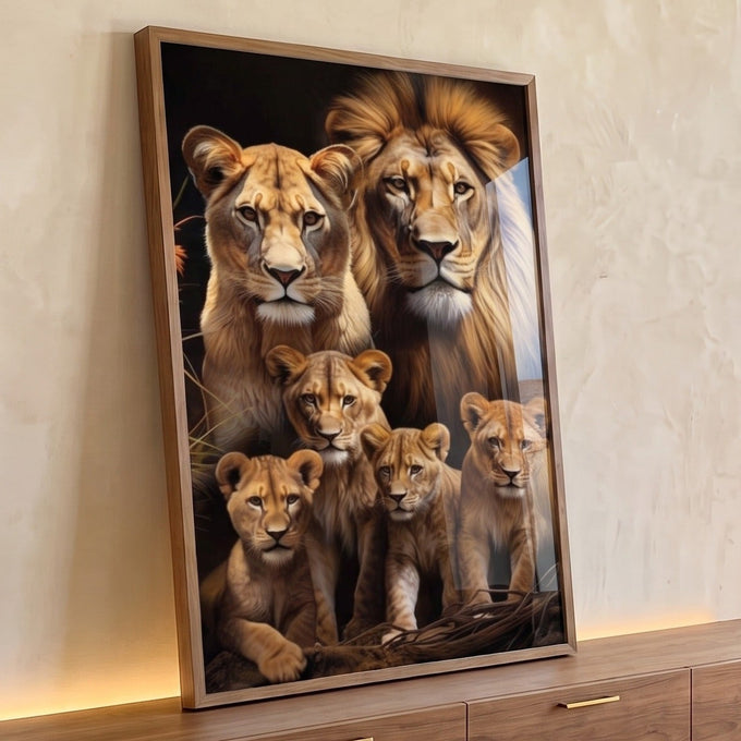Leão, leoa e quatro filhotes em tons dourados sobre fundo escuro, quadro decorativo