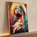 Maria, José e Menino Jesus dormindo em estilo geométrico com halo dourado e tons vibrantes, quadro decorativo