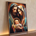 Sagrada Família geométrica, Maria e José com o Menino Jesus em laranja e azul, quadro decorativo