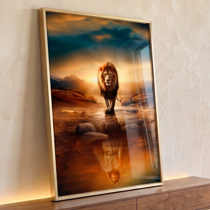 Leão caminhando ao pôr do sol com reflexo de Jesus na água em tons dourados, quadro decorativo