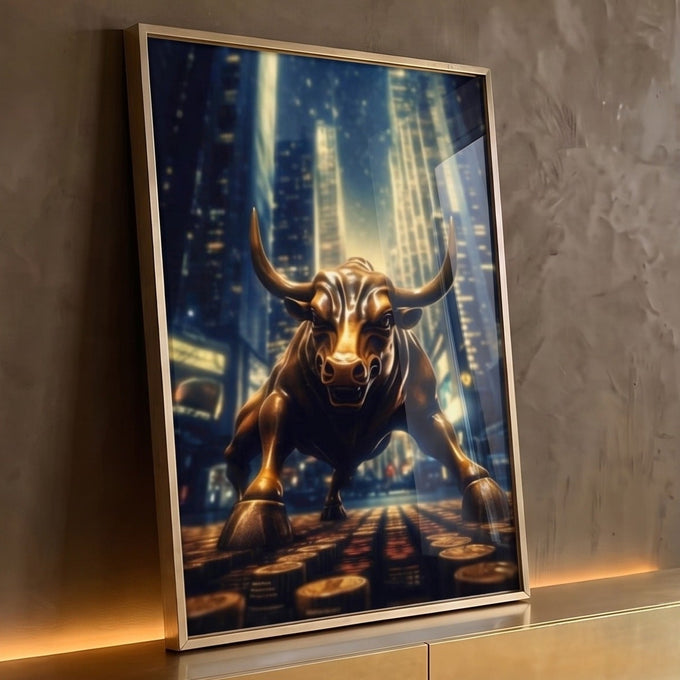 Touro dourado em pose de ataque entre arranha-céus azuis e moedas, estilo Wall Street, quadro decorativo