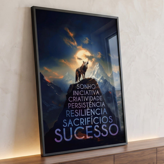 Lobo uivando no pico da montanha sob a lua com frases motivacionais até sucesso, quadro decorativo