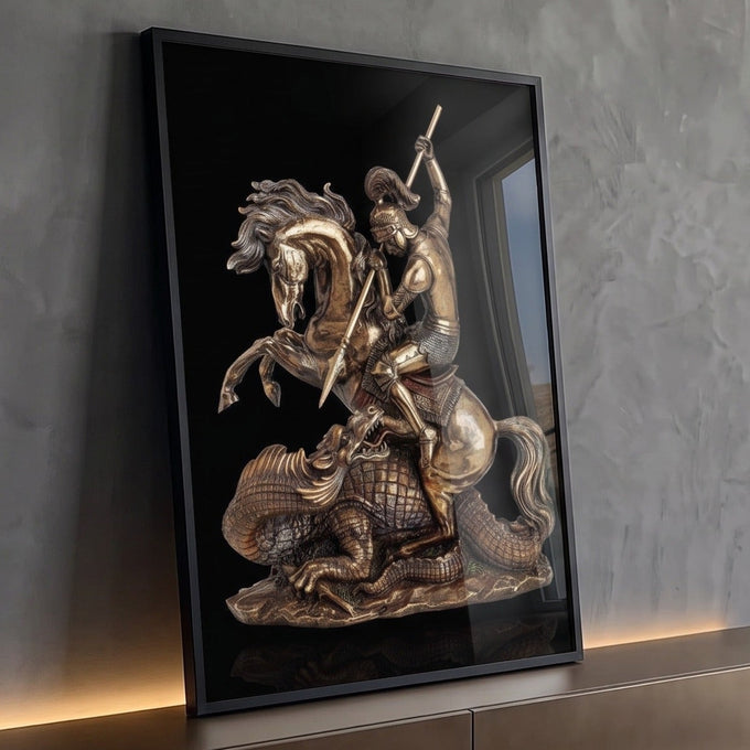 São Jorge a cavalo com lança vencendo o dragão em escultura dourada sobre fundo preto, quadro decorativo