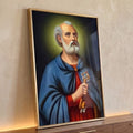 São Pedro com auréola, manto azul e chave dourada sobre fundo azul escuro, quadro decorativo