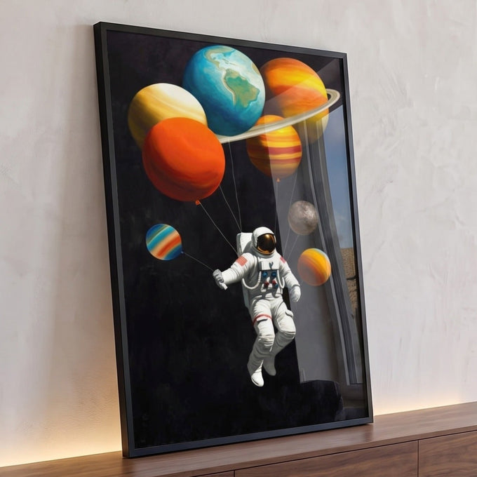 Astronauta flutuando preso a planetas coloridos como balões sobre fundo preto do universo, quadro decorativo