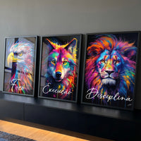 Quadro Decorativo Grande Águia e Lobo para Escritório Preto - Borda Infinita / 65x40cm cada tela