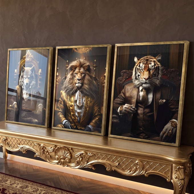 Leão, tigre e lobo de terno sentados em tronos em fundo escuro dourado, trio em 3 telas, quadro decorativo