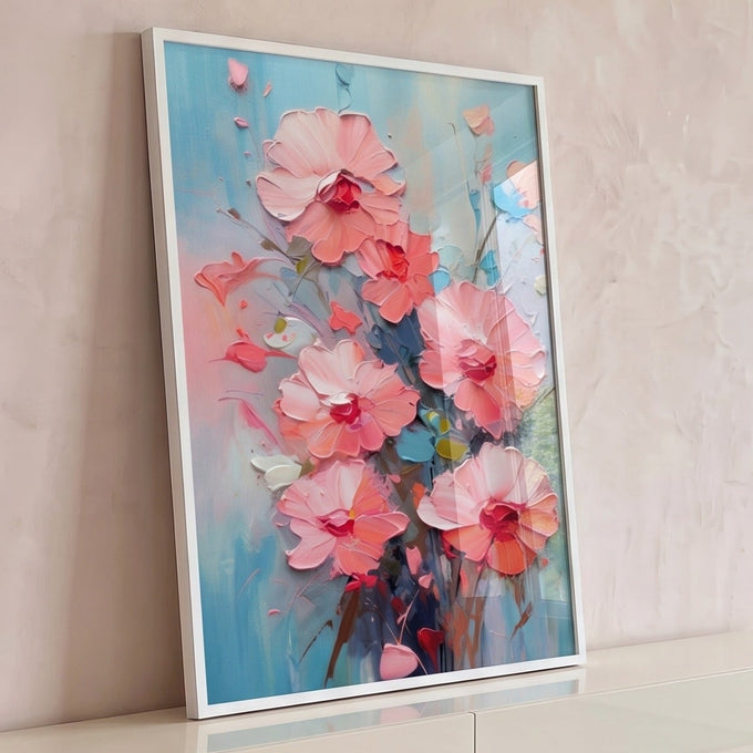 Buquê de flores rosa em pintura com textura de espátula sobre fundo azul claro, quadro decorativo