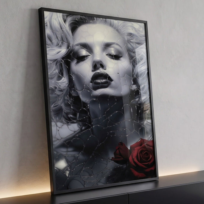 Marilyn Monroe em preto e branco de olhos fechados com textura de vidro e rosa vermelha, quadro decorativo