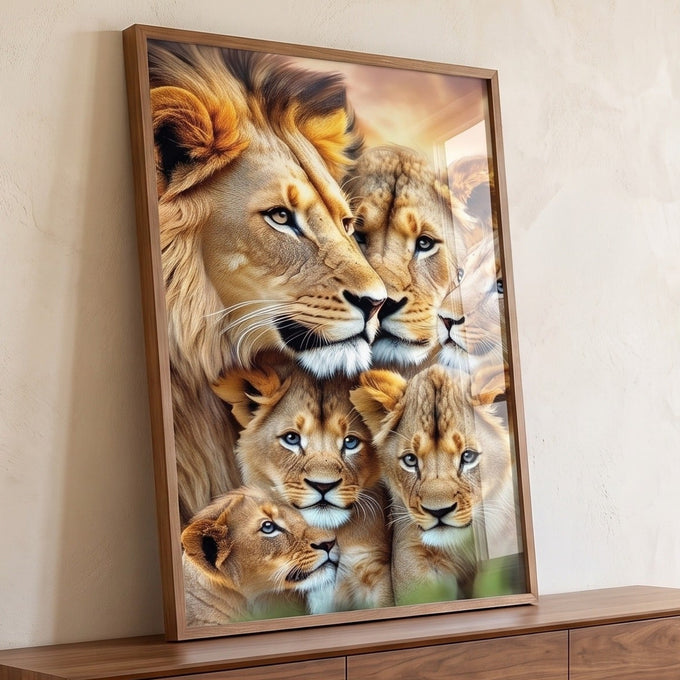 Quadro Decorativo Elegante com Família de Leão 4 Filhotes em Canvas Premium