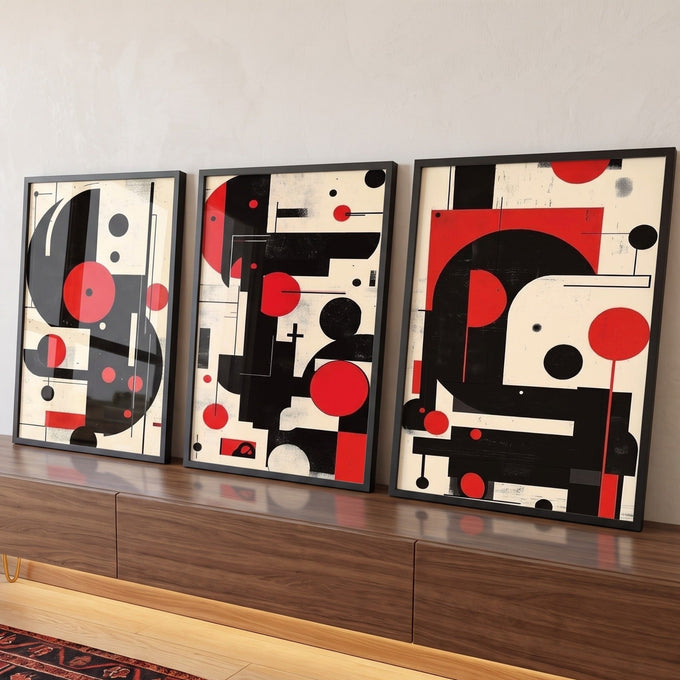 Tríptico abstrato geométrico com círculos vermelhos e formas pretas sobre fundo creme, quadro decorativo