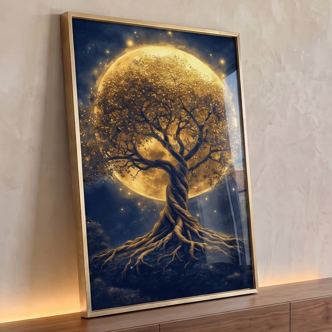 Árvore da vida dourada de tronco trançado diante da lua cheia em céu azul estrelado, quadro decorativo