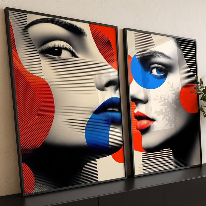 Dois rostos femininos em pop art com círculos vermelho e azul e listras pretas, quadro decorativo