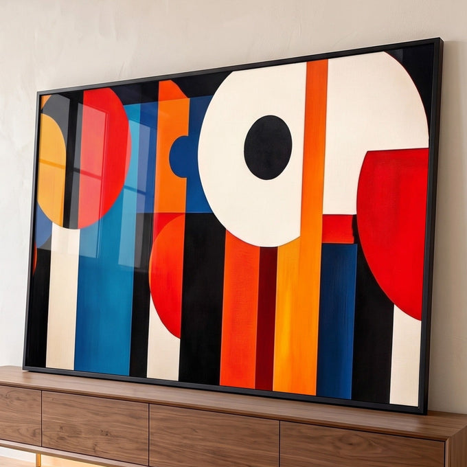 Abstrato geométrico com círculos e faixas em vermelho, laranja, azul, preto e branco, quadro decorativo
