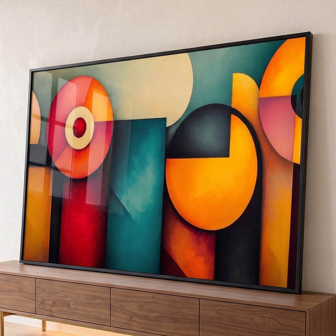 Círculos e blocos geométricos em laranja, vermelho e verde-petróleo em pintura abstrata, quadro decorativo