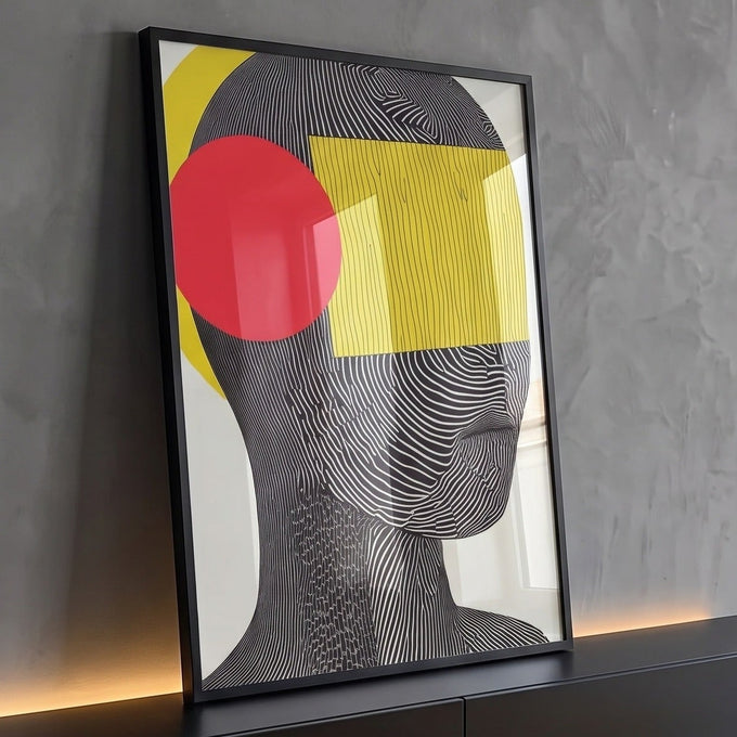 Cabeça abstrata em linhas pretas e brancas com retângulo amarelo e círculo vermelho, quadro decorativo