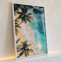Quadro Decorativo Grande Praia com Palmeiras para Sala Azul - Borda Infinita / 100x65cm