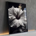 Flor de hibisco branco com estame dourado em fundo preto, fotografia em preto e branco, quadro decorativo