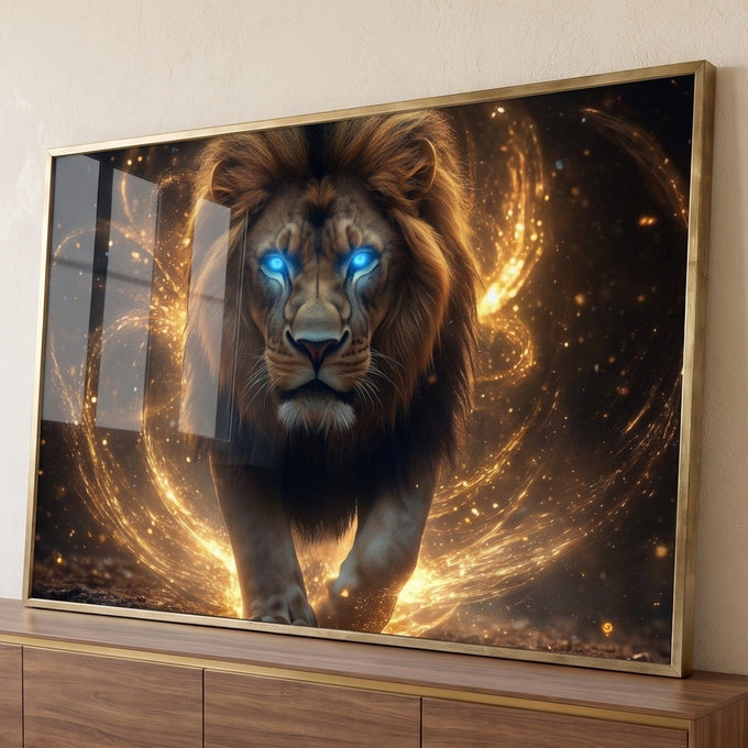 Leão de olhos azuis caminhando entre espirais de faíscas douradas em fundo escuro, quadro decorativo